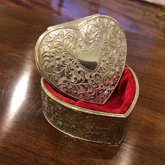 Vintage Red Velvet Lined Silver Heart Trinket Box